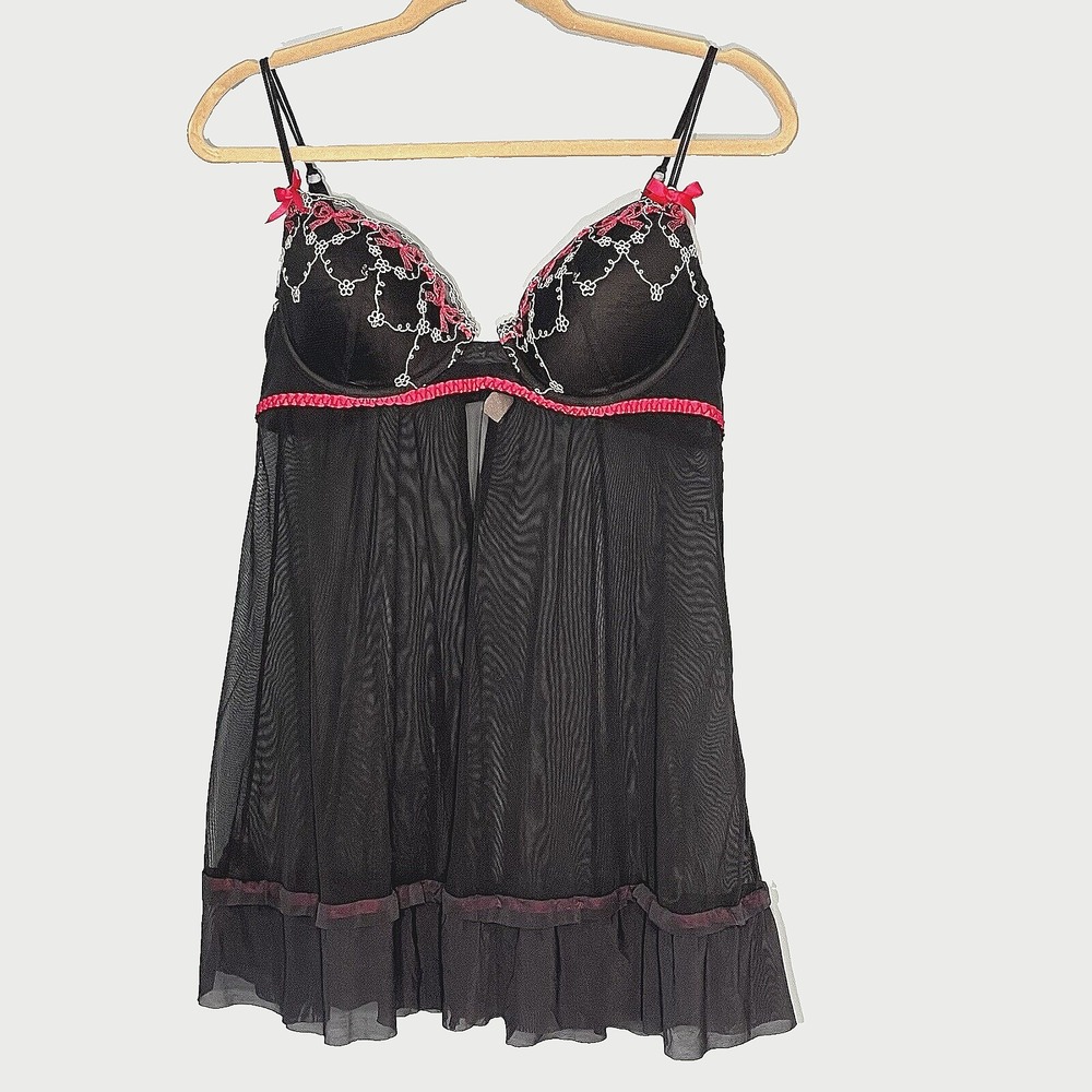 Sheer Black Babydoll Lingerie‎ Large Ruffle Whimsigoth Bows Embroidery Coquette